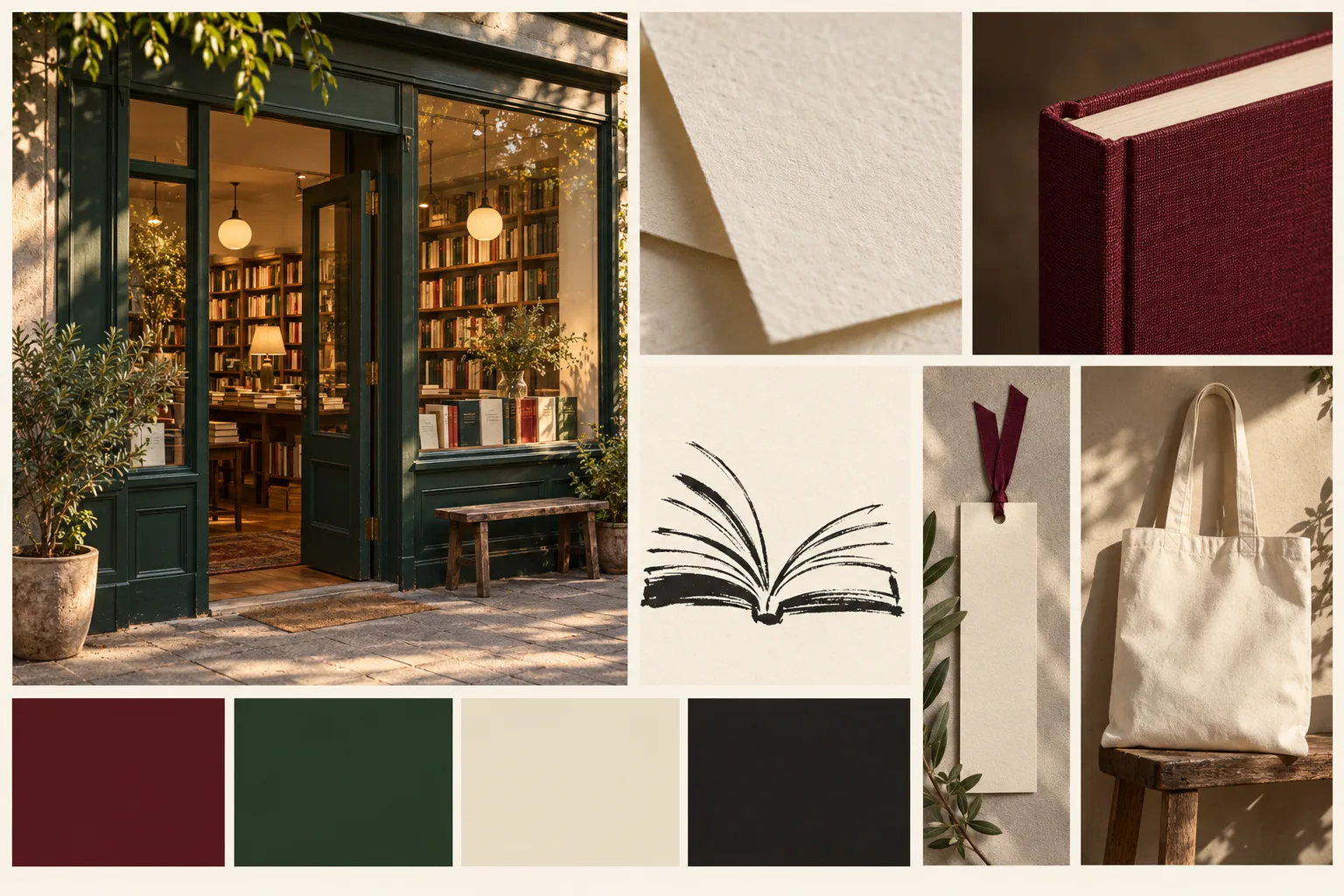 Generated bookshop identity moodboard showing a welcoming storefront, paper, burgundy cloth, book illustration, bookmark, and tote bag.