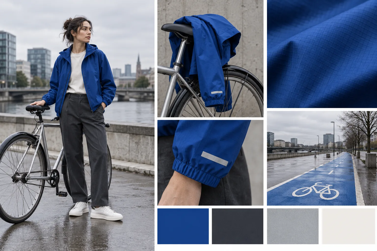 Generated cycling fashion moodboard with a cobalt jacket, commuter bicycle, ripstop and cuff details, and an urban cycle lane.