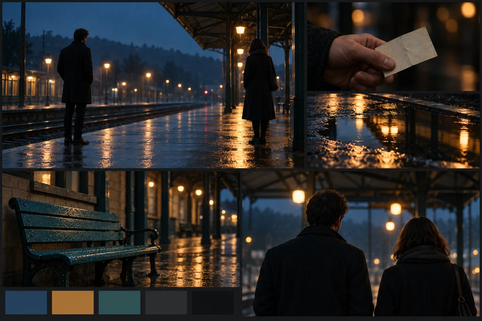 Generated film moodboard showing two adults on a wet railway platform, a ticket detail, amber reflections, and a teal bench.