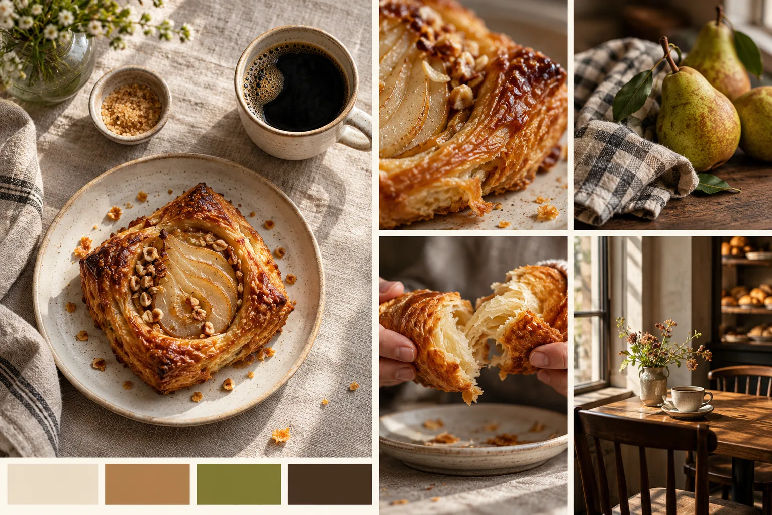 Generated bakery moodboard with pear pastry, coffee, flaky pastry detail, fresh pears, a torn croissant, and a window-side table.