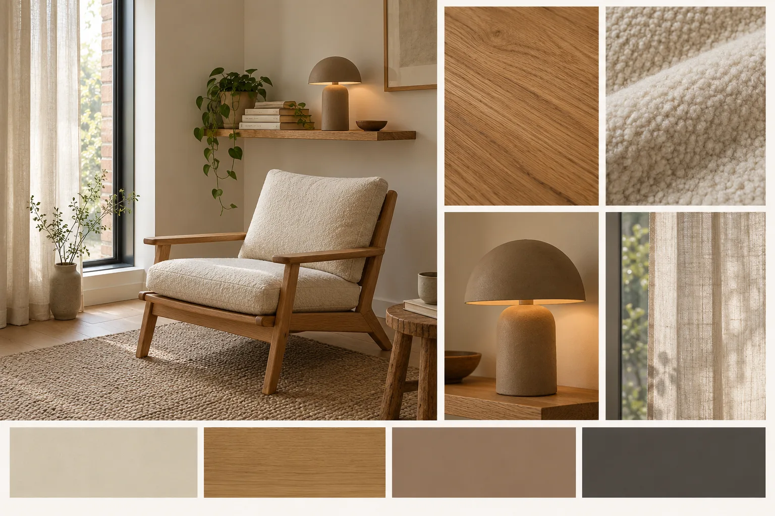 Generated reading-corner moodboard with an oak lounge chair, wool cushion, clay lamp, linen curtain, and warm neutral swatches.