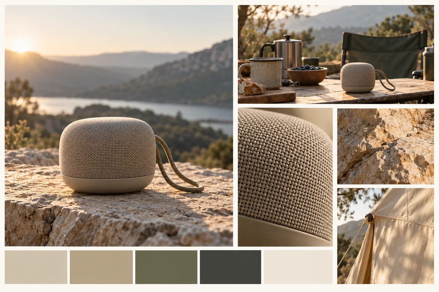 Generated speaker launch moodboard with a sand-colored speaker, campsite scene, woven texture, stone, and muted color swatches.