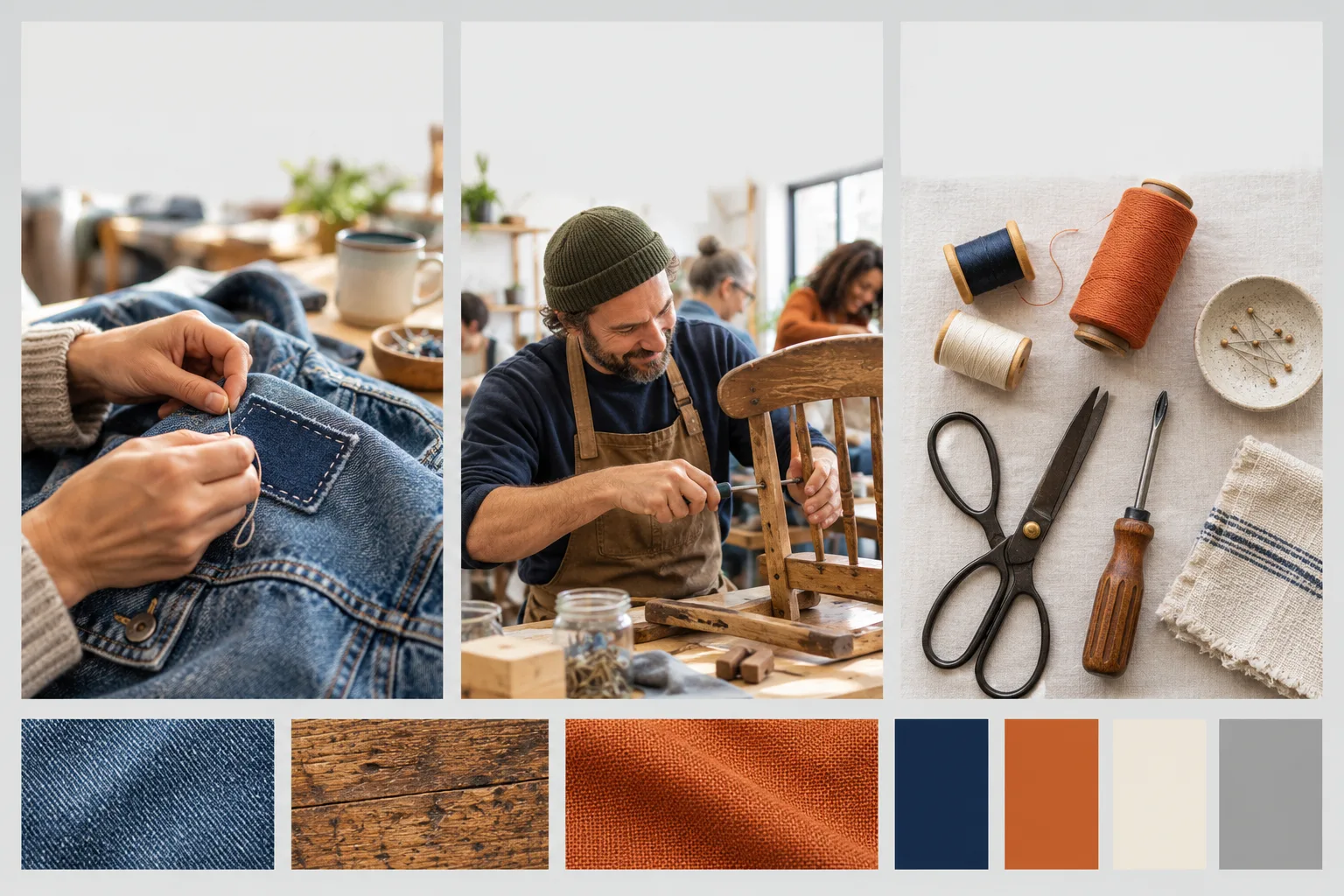 Generated repair campaign moodboard showing denim mending, chair repair, tools, material samples, and navy and orange accents.