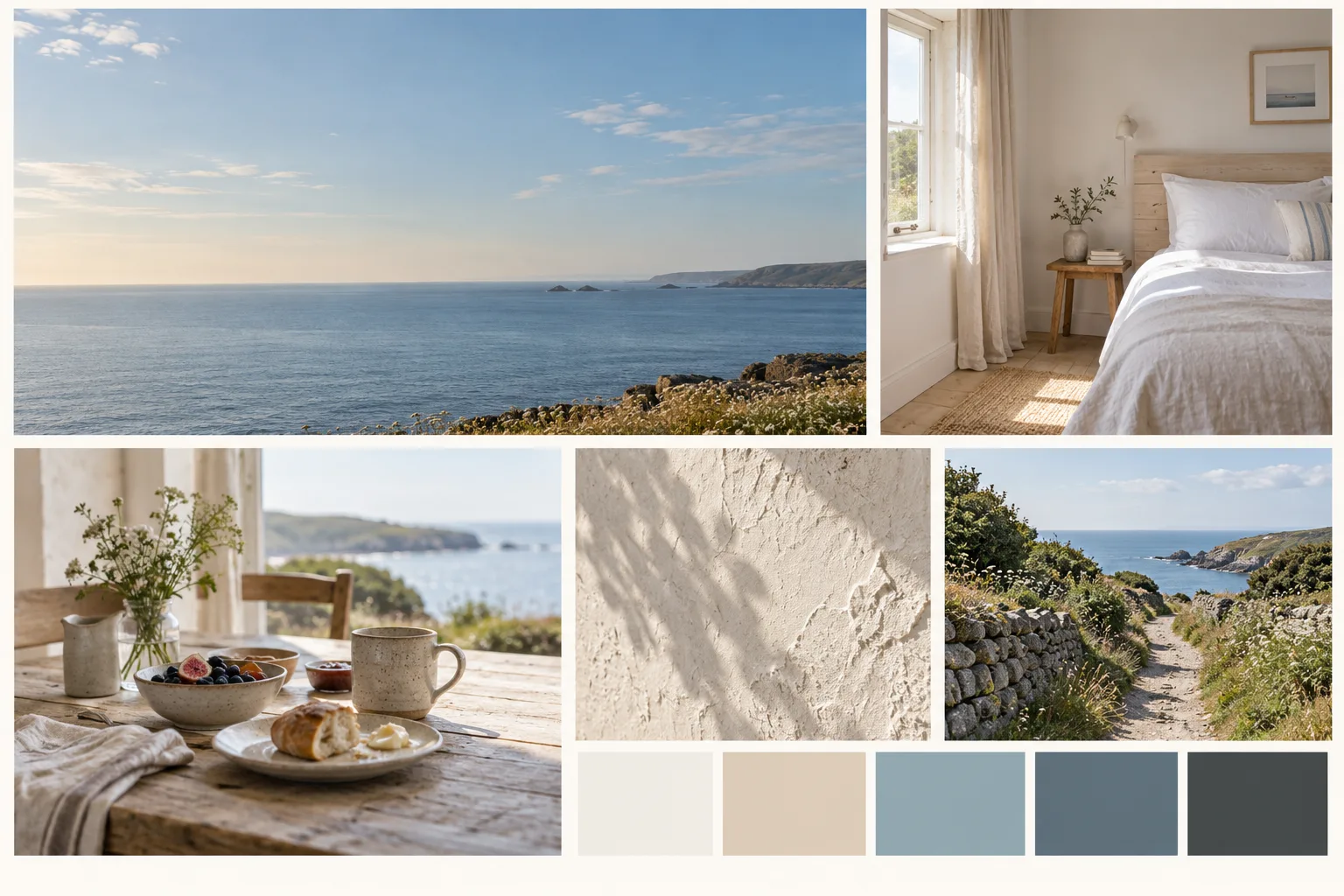 Generated coastal guesthouse moodboard with an open sea horizon, linen bedroom, breakfast table, plaster, and coastal path.