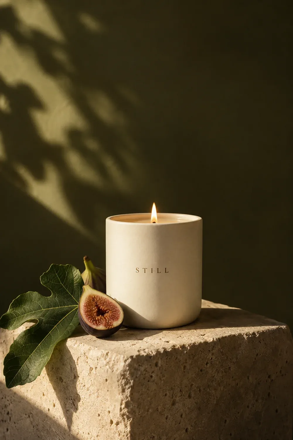 Ceramic candle with figs and warm light